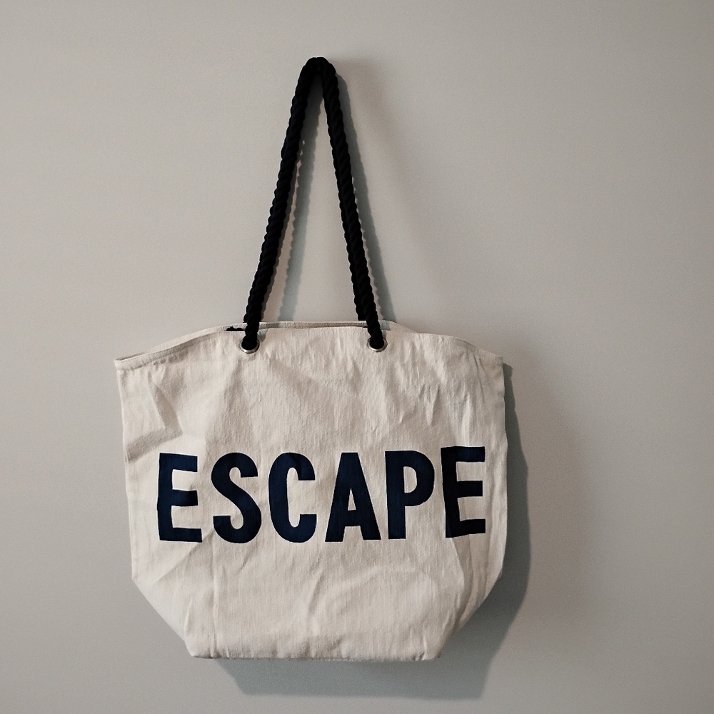 Mabelle White Tote Bag with Navy Blue Handles